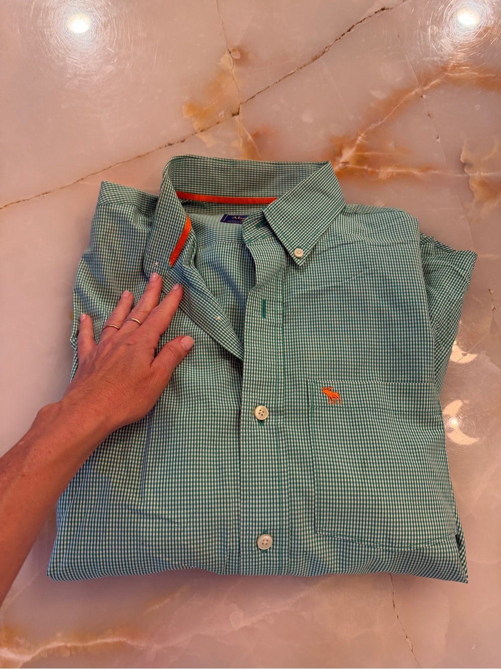 Abercrombie & Fitch Green Gingham Button-Down Shirt with Orange Logo